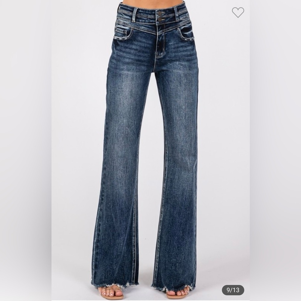890. Tessa, Wide leg Flare frayed hem , Dark wash, various sizes